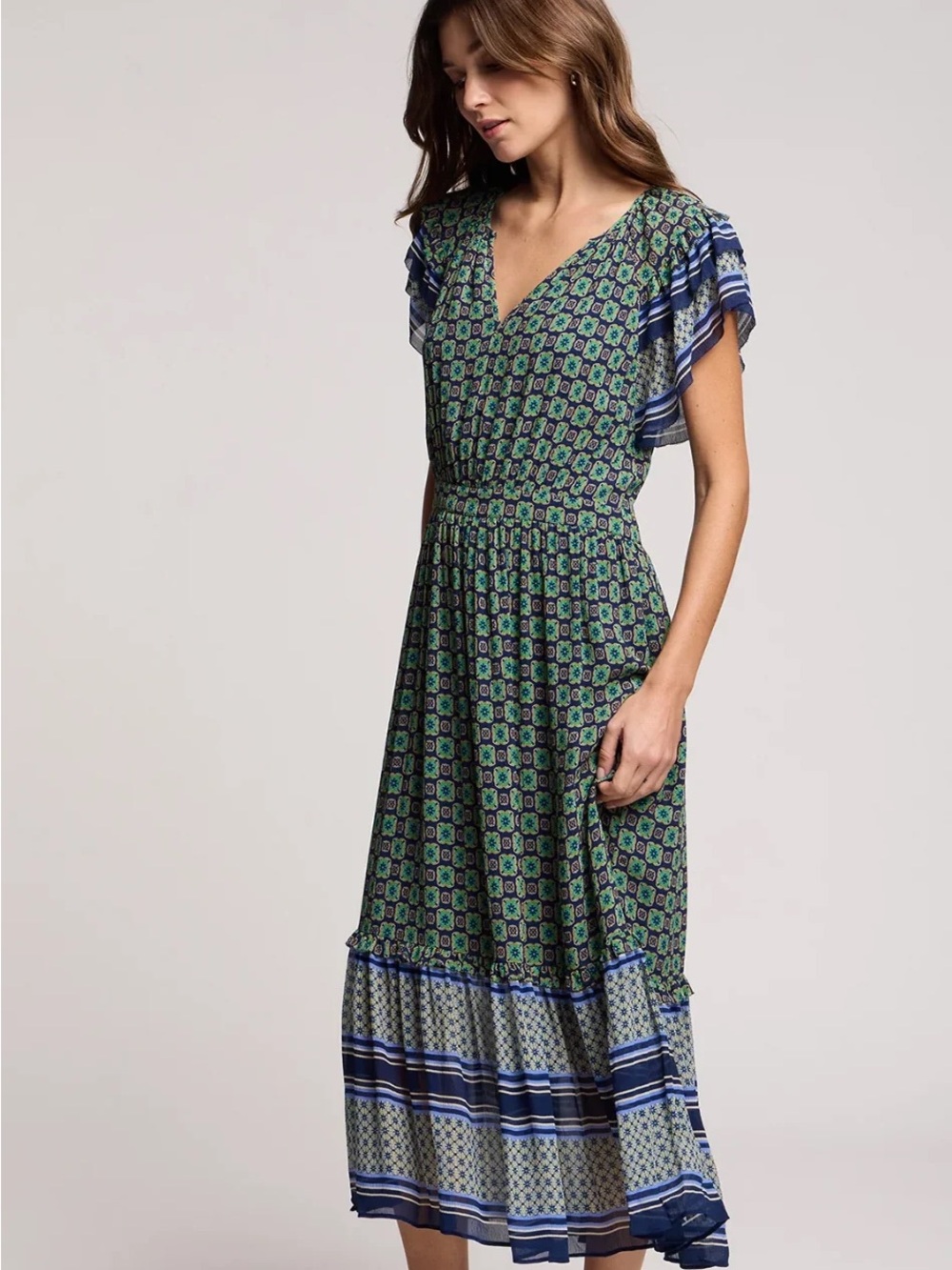 Cheryl Dress by Velvet Green and Blue Printed Flutter-Sleeve Maxi Dress